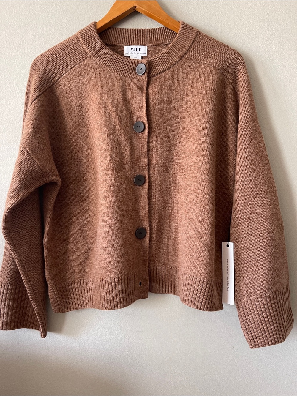 100% extra fine merino Wool Wilt Chestnut Brown boxy oversized cropped Cardigan